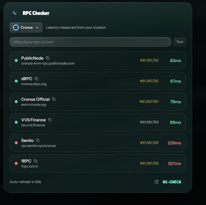 A dark-themed RPC Checker interface for Cronos blockchain displaying latency measurements for multiple endpoints, with PublicNode at 63ms, dRPC at 67ms, Cronos Official at 79ms, VVS Finance at 89ms, Sentio at 229ms, and 1RPC at 527ms.