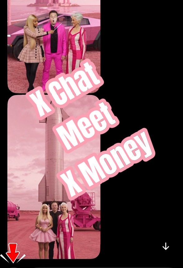 A social media story-style image with pink-tinted photos showing three people in pink-themed outfits (one in a pink plaid coat, one in a hot pink suit, one in a pink and white tracksuit) standing in front of a Tesla Cybertruck and a rocket, overlaid with bold pink text reading 'X Chat Meet X Money' and a red arrow pointing down.