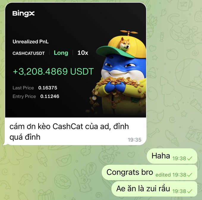 A screenshot of a BingX trading chat showing an unrealized PnL of +3,208.4869 USDT on a 10x long CASHCATUSDT position, featuring a blue shark mascot in a yellow cap, with Vietnamese messages thanking the admin and congratulating on profits.