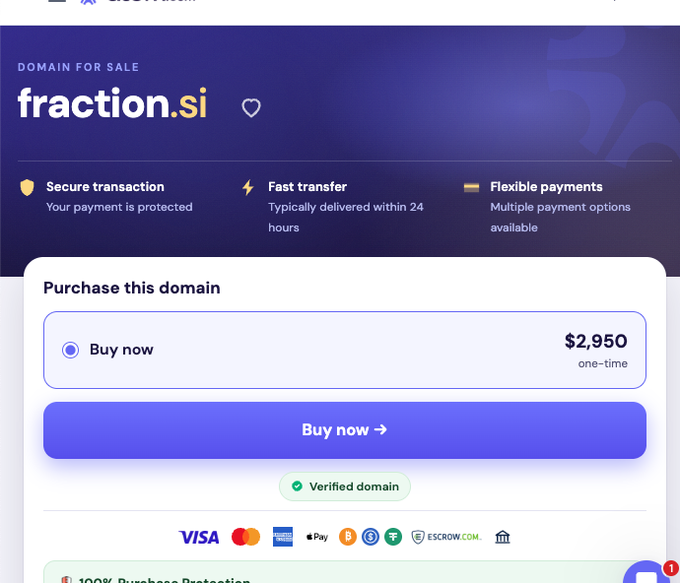 A domain sale page for 'fraction.si' listed at $2,950, featuring payment options including Visa, Mastercard, and cryptocurrency.