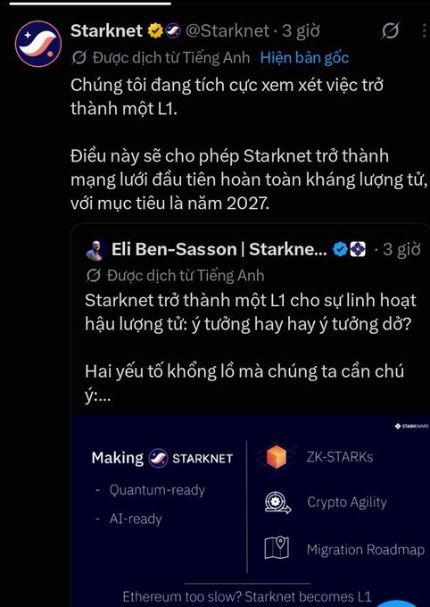 A Twitter/X screenshot from Starknet (@Starknet) posted 3 days ago, discussing plans to become an L1 network with full quantum resistance by 2027, featuring a thread from Eli Ben-Sasson and a graphic about 'Making Starknet' including ZK-STARKs, Crypto Agility, and Migration Roadmap.