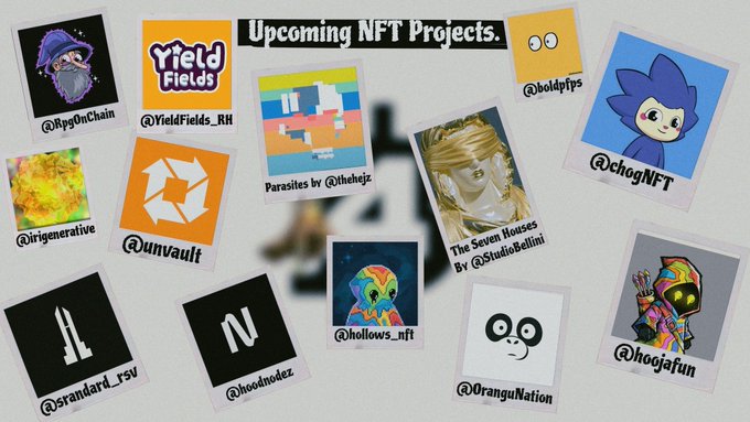 A collage titled 'Upcoming NFT Projects' showcasing 12 different digital art profiles including @RpgOnChain, @YieldFields_NFT, @unvault, @StidioBellini's 'The Seven Houses', and @OrangutanNation.