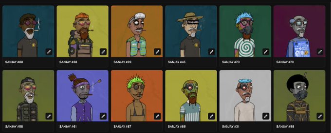 A grid displays 12 cartoon-style NFT character portraits labeled 'SANJAY' with various numbers, including a hand-drawn 'LMAORIGINAL' watermark on one figure.