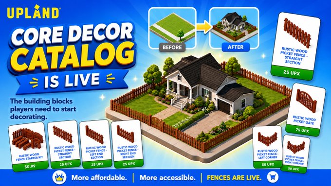 A promotional graphic for Upland's "Core Decor Catalog" launch, featuring a before/after house transformation and displaying various Rustic Wood Fence options priced in UPX (50.99, 25, 75, and 50 UPX), highlighting the new affordable decor pieces mentioned in the announcement.