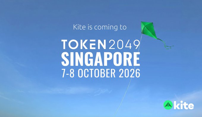 A promotional banner announces 'Kite is coming to TOKEN 2049 SINGAPORE 7-8 OCTOBER 2026' against a blue sky with a green kite.