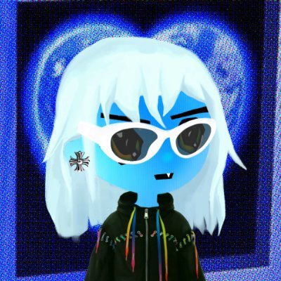 A digital avatar of a blue-skinned character with white hair wearing white cat-eye sunglasses and a black jacket, with a black eagle emblem on their cheek, set against a dark blue textured background.