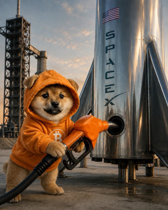 The image features a small dog wearing an orange hoodie with the Bitcoin symbol on it, standing next to a silver rocket fuel pump. The caption reads "I feel like $DOG moment is approaching, and we’re about to witness one of the biggest candles the crypto market has ever seen". This suggests that there might be a connection between the dog's outfit and the Bitcoin symbol, possibly indicating an upcoming event or celebration related to cryptocurrency.