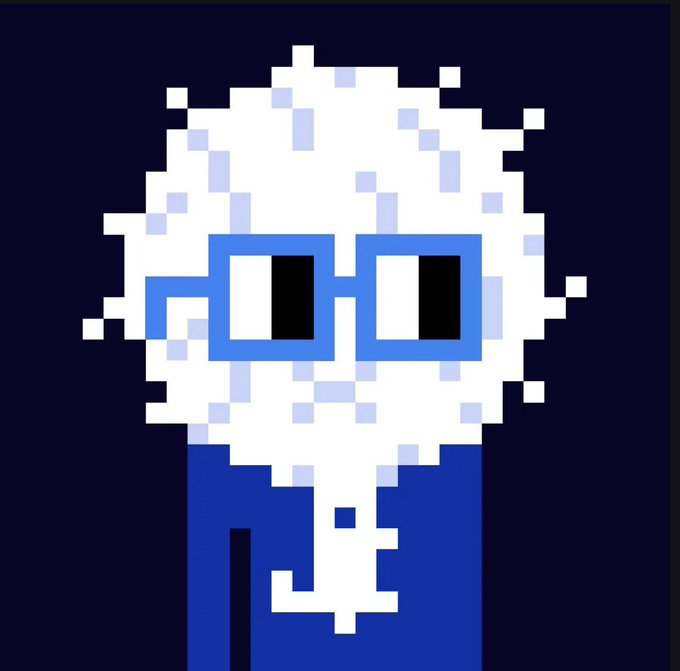 A pixel art character with fluffy white hair and blue-rimmed glasses is depicted on a dark navy background.