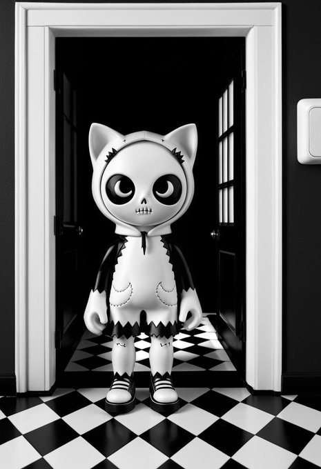 A black and white photograph-style image features a stylized cat-like figurine or character with stitched details and large button eyes, standing in a doorway with a black and white checkered floor.