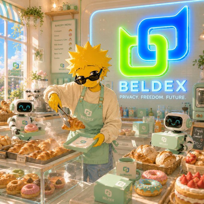 A promotional image for 'BELDEX' featuring a character with spiky blonde hair wearing sunglasses and a green apron, working in a bakery surrounded by croissants, pastries, and small robots, with the tagline 'PRIVACY. FREEDOM. FUTURE.'