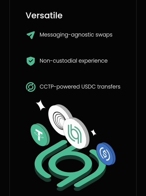 A promotional graphic titled 'Versatile' listing features: 'Messaging-agnostic swaps', 'Non-custodial experience', and 'CCTP-powered USDC transfers', accompanied by illustrations of cryptocurrency coins (USDC, Tether) and a green logo.