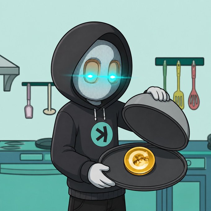 A hooded figure with glowing cyan eyes and an "$K" logo on its chest holds open a pan revealing a gold "$CATE" coin in a kitchen setting. The image playfully ties to the post's cooking metaphor, symbolizing the "$CATE" token as a valuable dish being prepared for the 8pm UTC space.