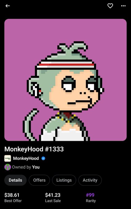 A screenshot shows a pixel-art monkey NFT listed as “MonkeyHood #1333,” owned by “You,” with a best offer of $38.61, last sale of $41.23, and rarity #99. The post says the owner bought the cute MonkeyHood from @Hyperjr_1 because it was claimed to secure all the Robinhood whitelist spots.