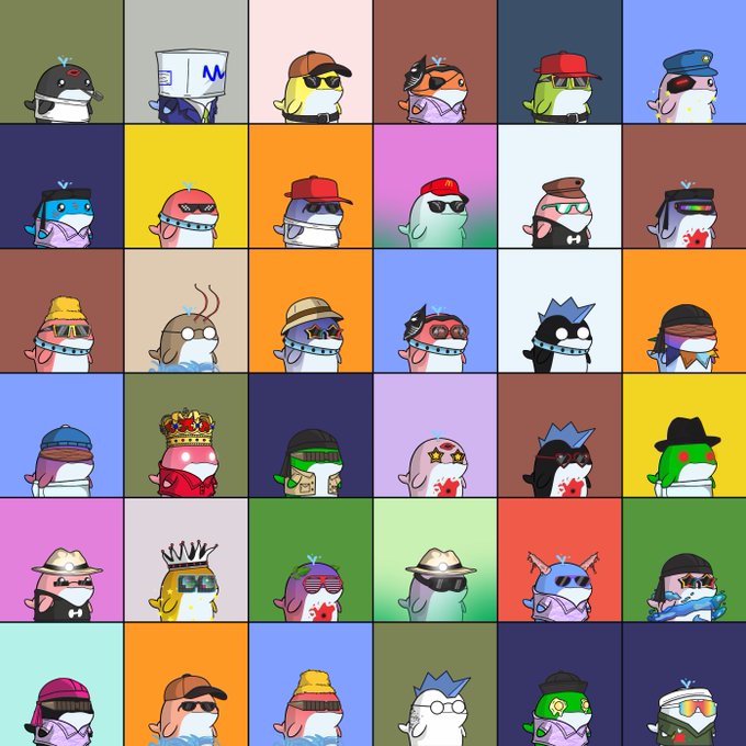The image features a grid of small cartoon fish wearing hats with various colors and patterns. The fish are arranged in rows, creating a visually appealing pattern across the squares. The caption for the image reads "Hey @openseafdn @HollanderAdam @dfinzer @opensea , almost 5 ETH organic today for @whacky_whales". This text is related to the post because it provides information about the fish and their hats, which are part of a larger discussion or trend in the image.