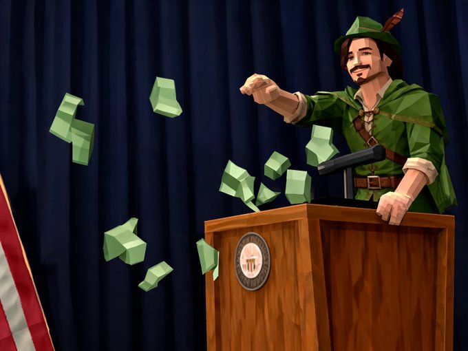 Digital illustration of a Robin Hood-style character standing at a podium, tossing stacks of cash into the air.