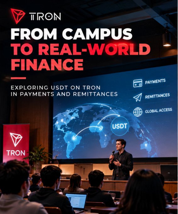 A promotional image for TRON titled 'FROM CAMPUS TO REAL-WORLD FINANCE: EXPLORING USDT ON TRON IN PAYMENTS AND REMITTANCES,' showing a presenter on stage with a world map graphic highlighting Payments, Remittances, and Global Access.