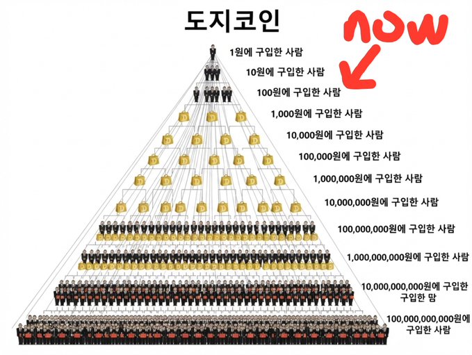 A Korean pyramid coin diagram ('도지코인') showing the distribution of Dogecoin owners, with a red arrow and 'WOW' pointing to the level of people owning between 100 and 1,000 won worth.