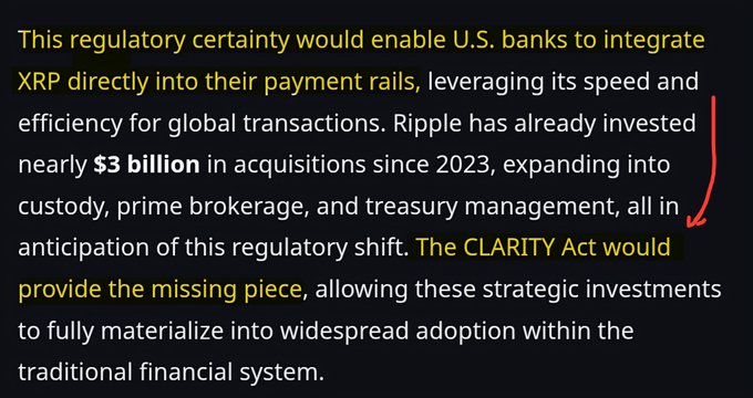 A highlighted text excerpt explains how the CLARITY Act would enable U.S. banks to integrate XRP into payment rails, noting Ripple's $3 billion in acquisitions since 2023, reinforcing the post's message that the act provides the regulatory framework needed for XRP's widespread financial adoption.