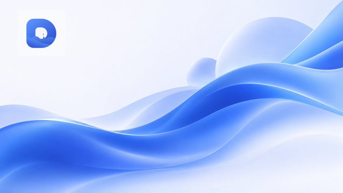 A minimalist digital artwork featuring flowing blue and white abstract wave-like shapes with a small blue elephant logo icon in the top left corner.
