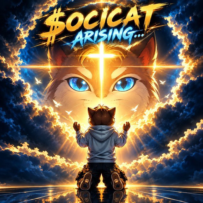 An anime-style illustration titled '$OCICAT ARISING...' showing a cat character kneeling before a large, glowing cat face emerging from dramatic clouds.