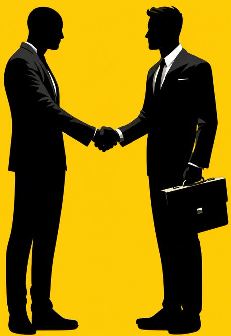 Silhouette illustration of two businessmen in suits shaking hands against a bright yellow backdrop, with one holding a briefcase.