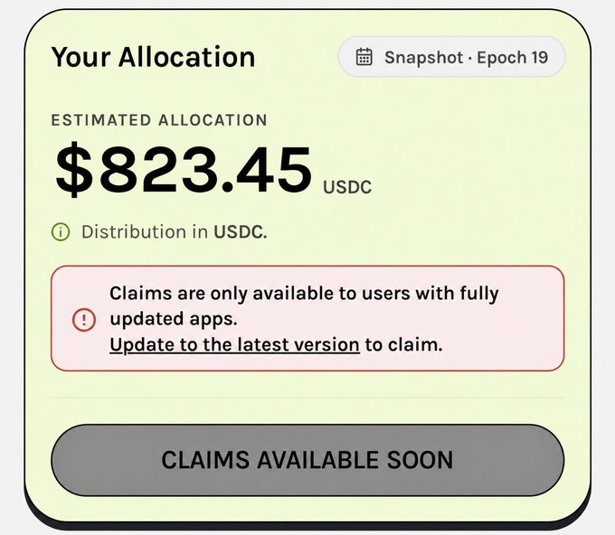 The image shows a "Your Allocation" dashboard for Epoch 19, displaying an estimated allocation of $823.45 USDC. A notice states that claims require the latest app version, with a "CLAIMS AVAILABLE SOON" button, confirming the user's eligibility to claim their $GRASS airdrop rewards.