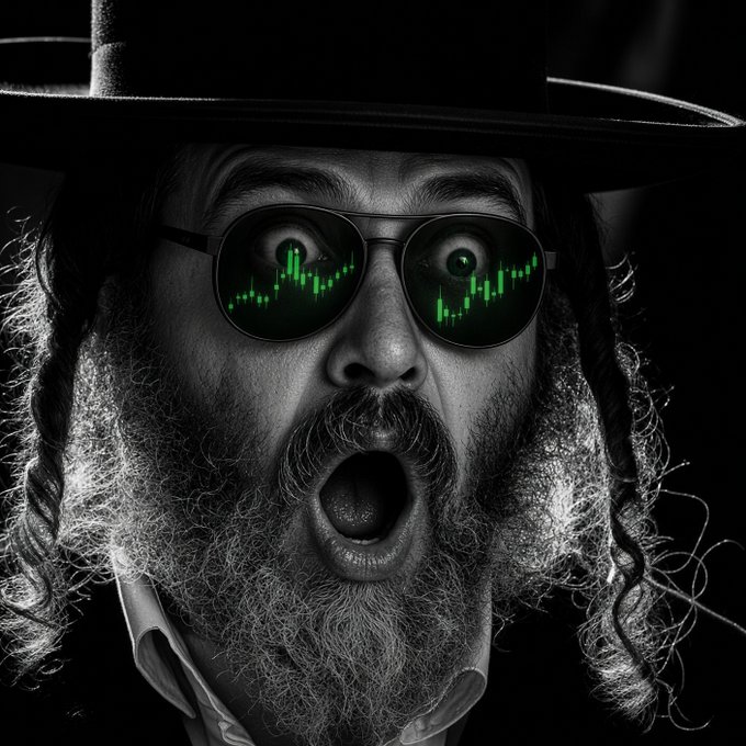 A black and white illustration of a bearded man with a wide-brimmed hat wearing sunglasses that reflect green stock market/candlestick charts in surprise.