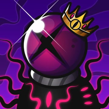A dark purple cartoon illustration of a spherical character wearing a crown with an X mark on its body, surrounded by glowing pink tentacles.