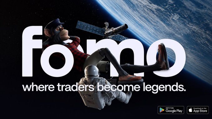 A promotional banner for an app called "Fomo" with the tagline "where traders become legends," featuring cartoon characters floating in space with Earth in the background, available on Google Play and the App Store.