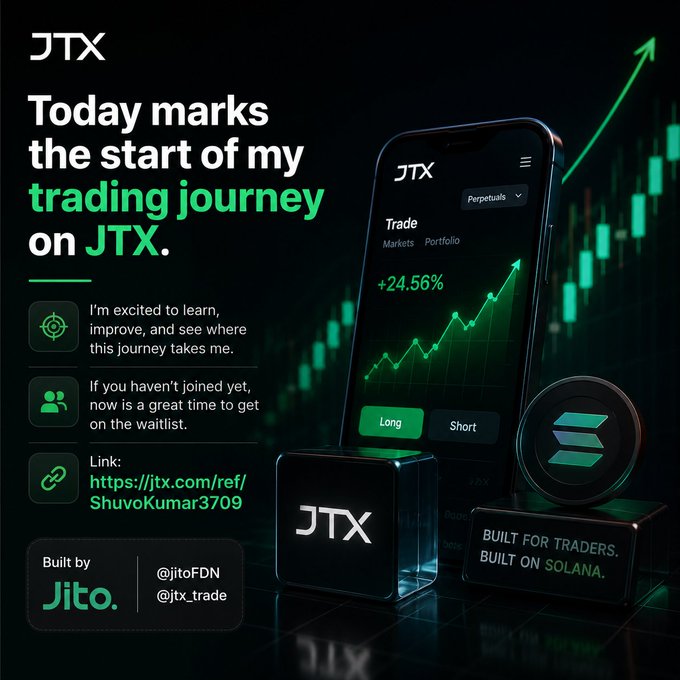 Promotional graphic for JTX trading platform announcing the start of a trading journey, built by Jito on Solana, with referral link https://jtx.com/ref/ShuvoKumar3709.