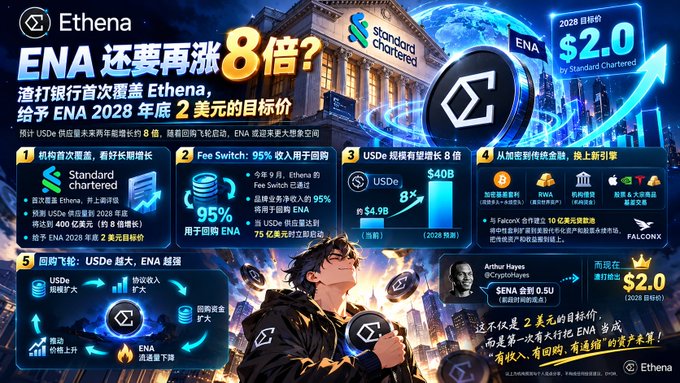 A Chinese-language promotional infographic about Ethena (ENA) token, featuring Standard Chartered's $2.0 price target and highlighting an 8x potential growth with various crypto ecosystem logos in the background.