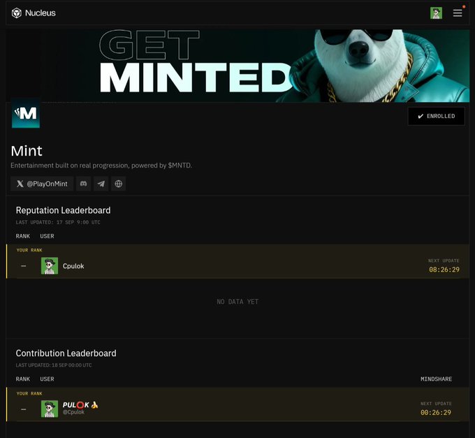 A screenshot from the Nucleus platform showing a 'GET MINTED' promotional page for the 'Mint' project with reputation and contribution leaderboards listing user 'Cpulok'.