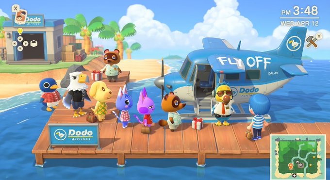 A screenshot from Animal Crossing: New Horizons featuring various animal villagers and the player character on a Dodo Airlines dock next to a blue airplane labeled "FLY OFF".