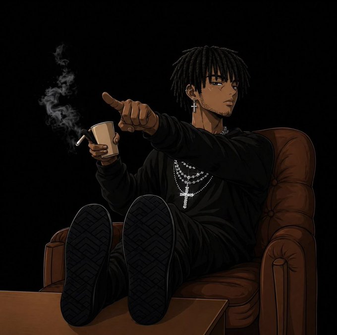 An anime-style illustration depicts a man with dreadlocks wearing cross jewelry, reclining in a brown armchair while smoking a cigarette and pointing forward.