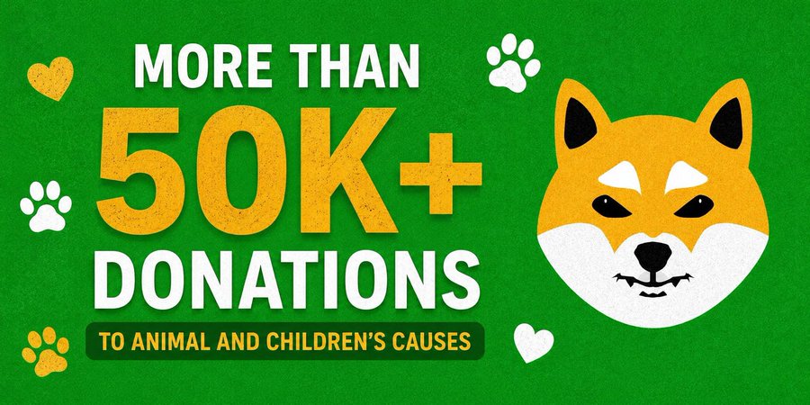 Graphic on green background featuring a Shiba Inu dog illustration and text announcing 'MORE THAN 50K+ DONATIONS TO ANIMAL AND CHILDREN'S CAUSES'.