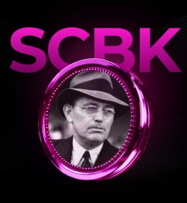 A stylized image featuring the text 'SCBK' in large pink letters above a circular pink frame containing a black-and-white photograph of a man in a fedora hat and glasses.