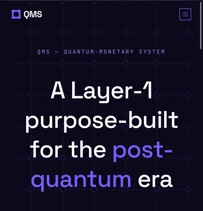 A dark digital graphic for 'QMS - QUANTUM-MONETARY SYSTEM' features the text 'A Layer-1 purpose-built for the post-quantum era' against a grid background.