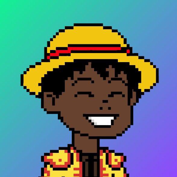 A pixel art illustration of a smiling Black child wearing a yellow hat and colorful patterned shirt against a teal-to-blue gradient background.