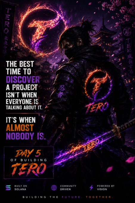 A dark, samurai-themed promotional graphic for the "TERO" crypto project, featuring a masked warrior with a glowing purple-and-orange katana and a flaming "T" logo against a moonlit Japanese pagoda backdrop. Bold text proclaims "The best time to discover a project isn't when everyone is talking about it. It's when almost nobody is," alongside "Day 5 of Building TERO" and badges for "Built on Solana," "Community Driven," and "Powered by Vision," visually reinforcing the post's message of early-entry opportunity for the TERO token.