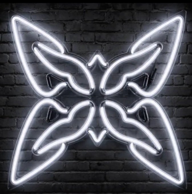 A bright white neon light in a symmetrical butterfly or floral design is mounted on a dark gray brick wall.
