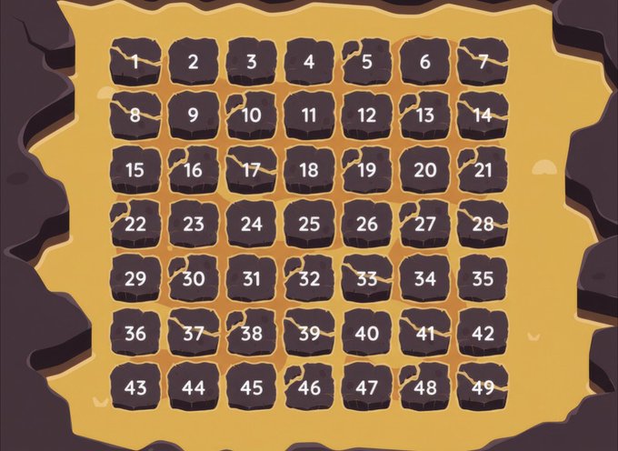 A grid of 49 numbered stone tiles (1-49) set in lava, where one tile must be safely stepped on to avoid the molten floor—viewers are challenged to guess the safe number for a chance to win $50.