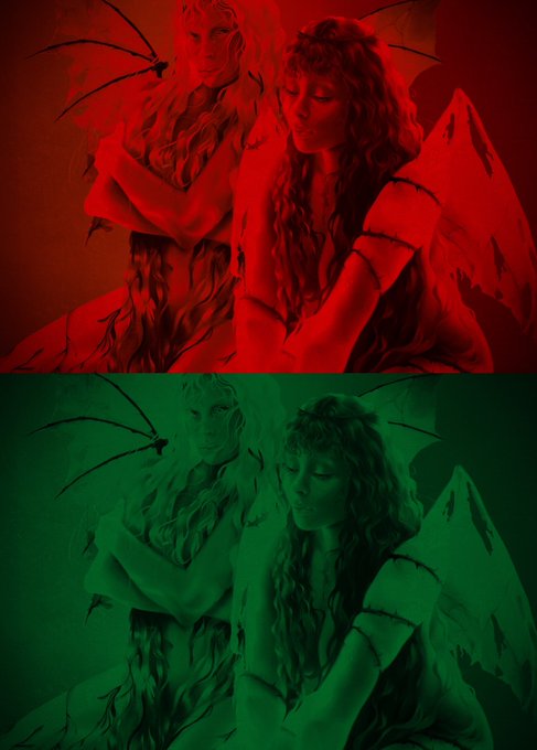 Two images show statuesque figures with bat-like wings, one tinted red and the other green.
