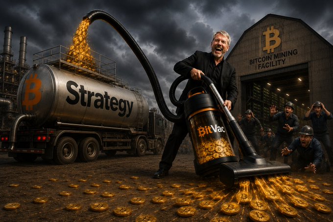 A man vacuums gold coins from the ground, with a large silver tanker truck and Bitcoin mining facility in the background.