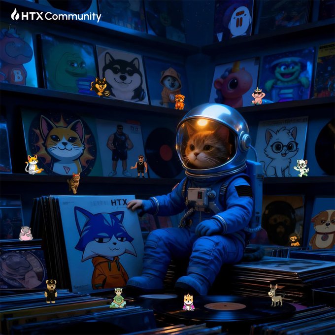 An AI-generated digital artwork labeled 'HTX Community' featuring an orange cat in a blue astronaut suit sitting among vinyl records and cat-themed album covers.
