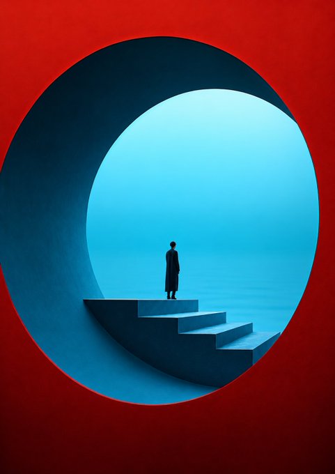 A minimalist digital artwork shows a silhouetted figure in a long coat standing on a set of blue steps, framed within a large circular blue opening against a red background.