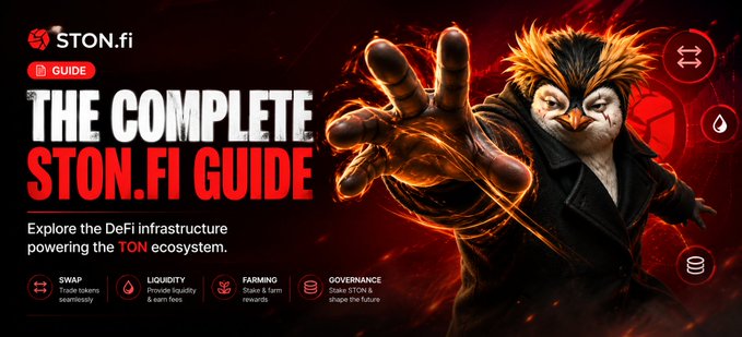 A promotional banner titled 'THE COMPLETE STON.FI GUIDE' featuring a stylized bird-like character, advertising DeFi infrastructure features like SWAP, LIQUIDITY, FARMING, and GOVERNANCE for the TON ecosystem.