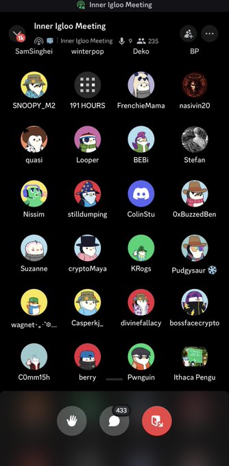 Another view of the 'Inner Igloo Meeting' showing the audience of 235 participants, including users like SamSinghei, winterpop, Deko, SNOOPY_M2, 191 HOURS, FrenchieMama, and many others.
