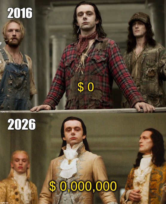 A meme comparing two movie scenes from 'Interview with the Vampire' (2016) and 'Sinners' (2026), showing the same actor with text '$0' in the top image and '$0,000,000' in the bottom.