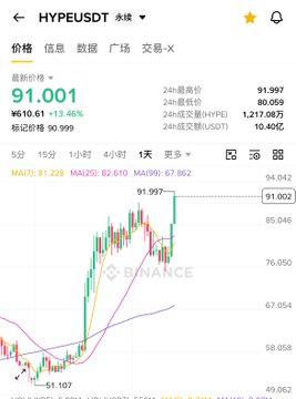 Binance price chart for HYPEUSDT perpetual contract showing a price of 91.001 with +13.46% change.