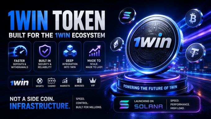 Promotional graphic for the "1WIN TOKEN" highlighting it as infrastructure rather than a side coin, with four feature pillars: "FASTER DEPOSITS & WITHDRAWALS," "BUILT IN SECURITY & RELIABILITY," "DEEP INTEGRATION INTO 1WIN," and "MADE TO SCALE," alongside icons for Sports, Casino, Markets, Bonuses, and VIP, and a "LAUNCHING ON SOLANA" badge. The image reinforces the post's message that the 1win token is designed as core infrastructure powering sports, casino, markets, bonuses, and VIP—built on Solana for speed and high load.